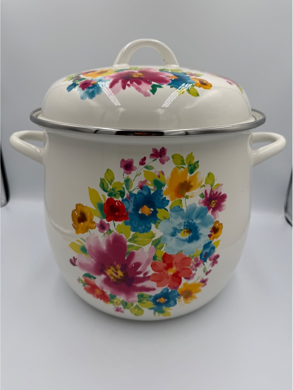 Pioneer Woman Sweet Rose Stock Pot Enamel on Steel Blue Floral 12 Qt.